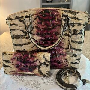 Beautiful Brahmin cream black and purple Melbourne Satchel handbag and wallet.